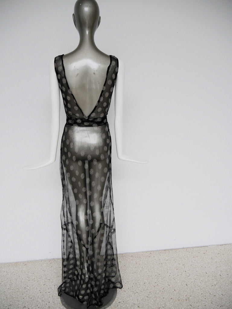 Vintage 30s tull bias cut gown with abstract print design. Sleek Jean Harlow style