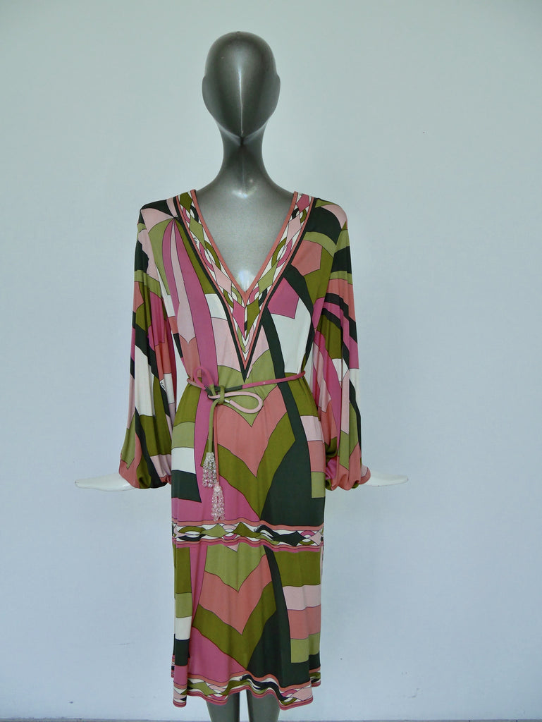 Vintage Emilio Pucci silk dress ,deep v cut puffy sleeves.