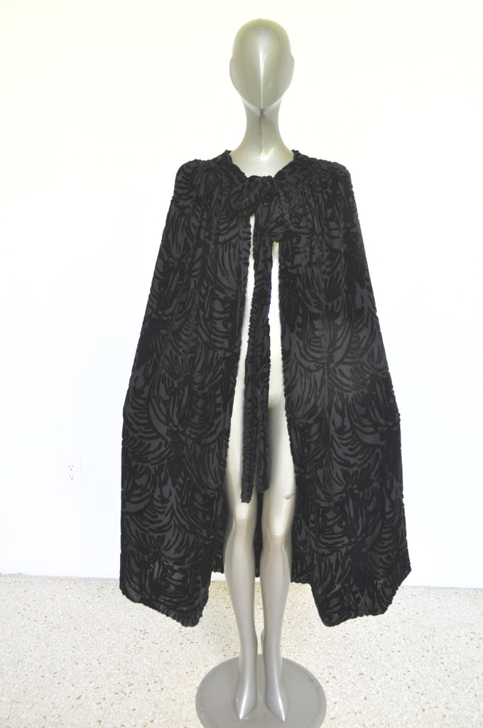 20s chiffon opera cape with panne velvet imprint geometrical deco embroidery.