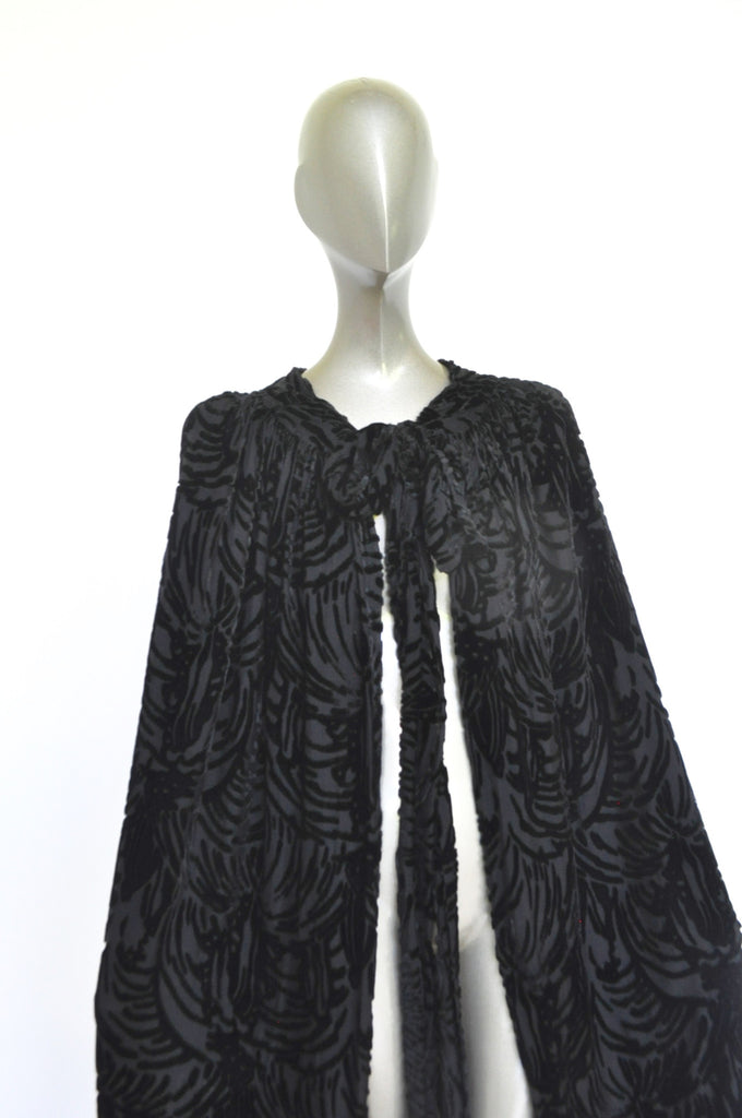 20s chiffon opera cape with panne velvet imprint geometrical deco embroidery.