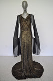 1930s Gold Lame Gown with train and pleated batwing chiffon sleeves Gold Lame Bias cut gown