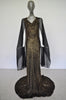 1930s Gold Lame Gown with train and pleated batwing chiffon sleeves Gold Lame Bias cut gown