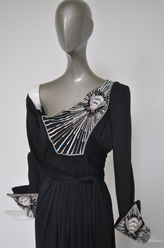 Bill Gibb empire maxi dress with beadwork 1970s rare