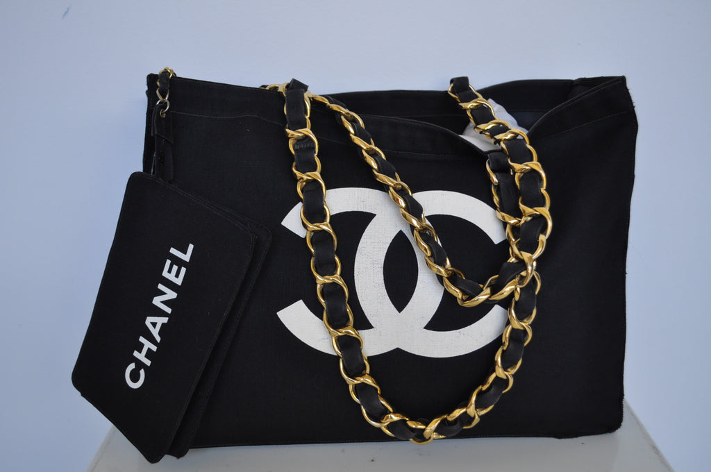 CHANEL CC Logo Canvas Leather Bag Black White