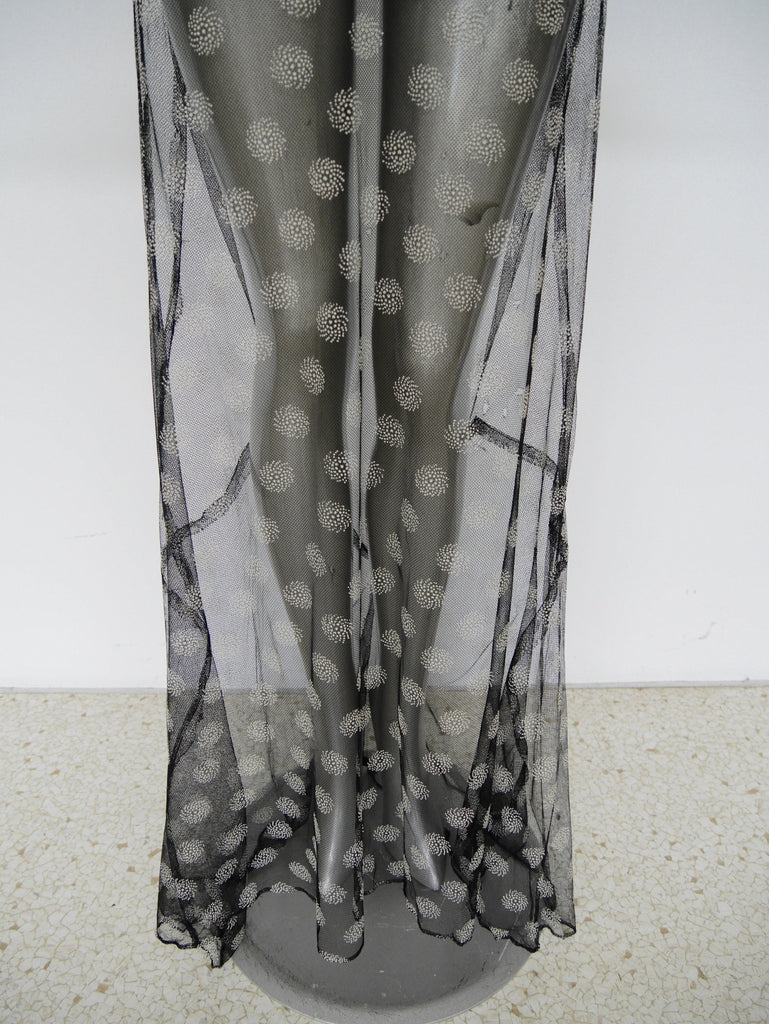Vintage 30s tull bias cut gown with abstract print design. Sleek Jean Harlow style