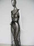 Vintage 30s tull bias cut gown with abstract print design. Sleek Jean Harlow style