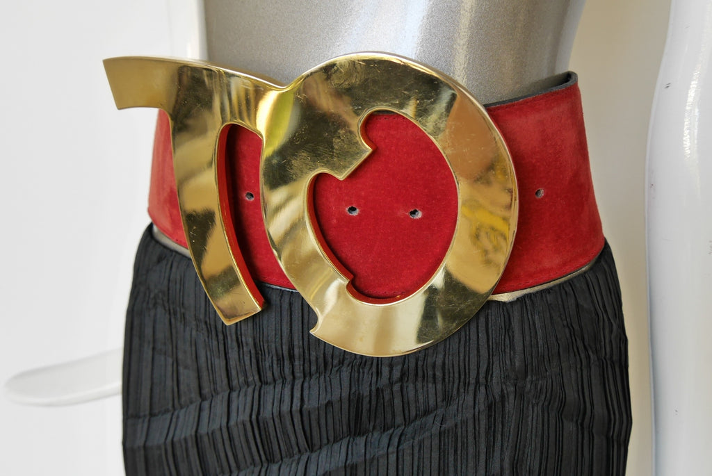 80s Tristano Onofri belt with huge initial buckle gold hardware very avantgarde