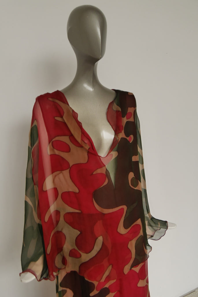Hanae Mori chiffon kaftan maxi dress, deep v vibrant colors and print.