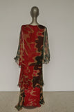 Hanae Mori chiffon kaftan maxi dress, deep v vibrant colors and print.