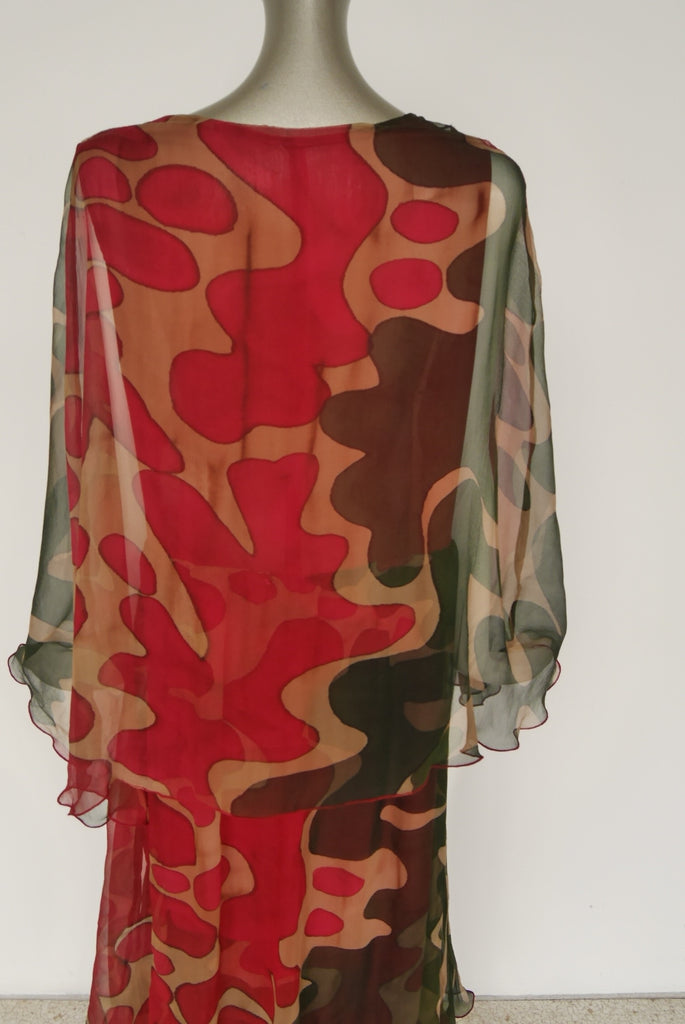 Hanae Mori chiffon kaftan maxi dress, deep v vibrant colors and print.