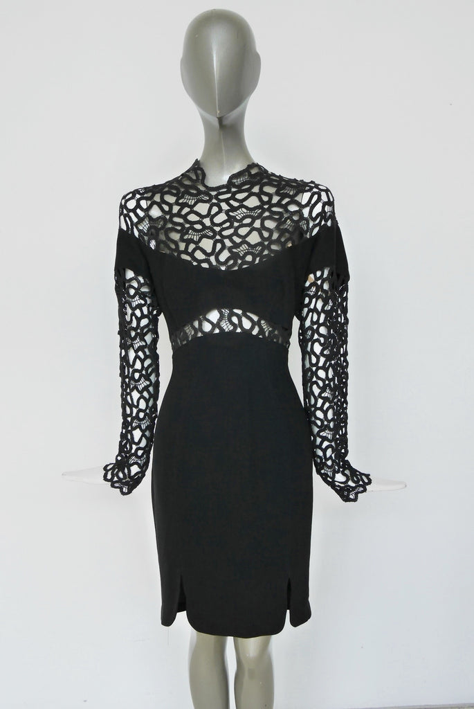 Thierry Mugler avant garde dress with crochet bust and sleeves.