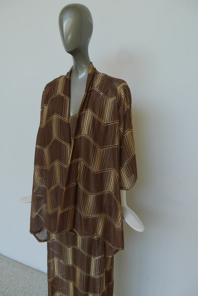 1930s art deco print maxi dress with batwing sleeve jacket