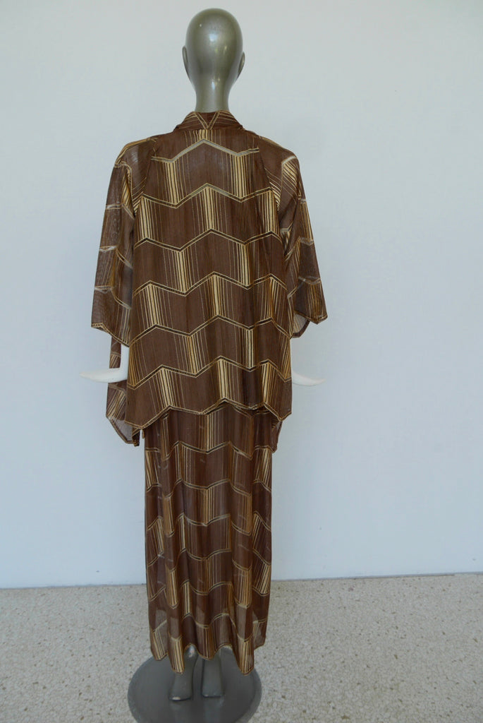 1930s art deco print maxi dress with batwing sleeve jacket