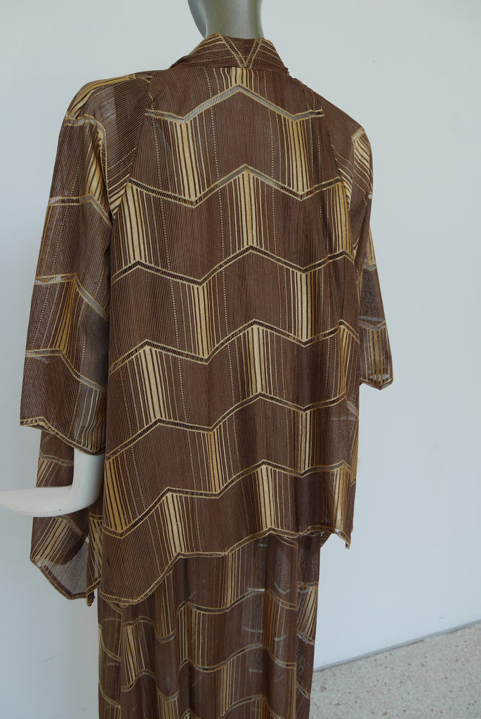 1930s art deco print maxi dress with batwing sleeve jacket