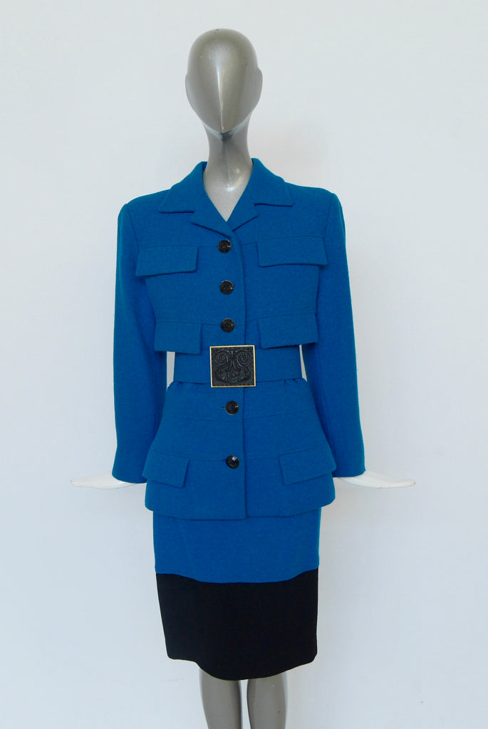 Karl Lagerfeld skirt suit 90s vibrant blue color fitted style
