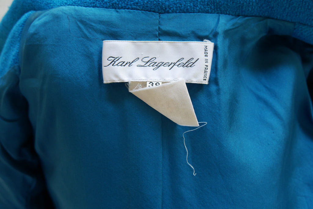 Karl Lagerfeld skirt suit 90s vibrant blue color fitted style