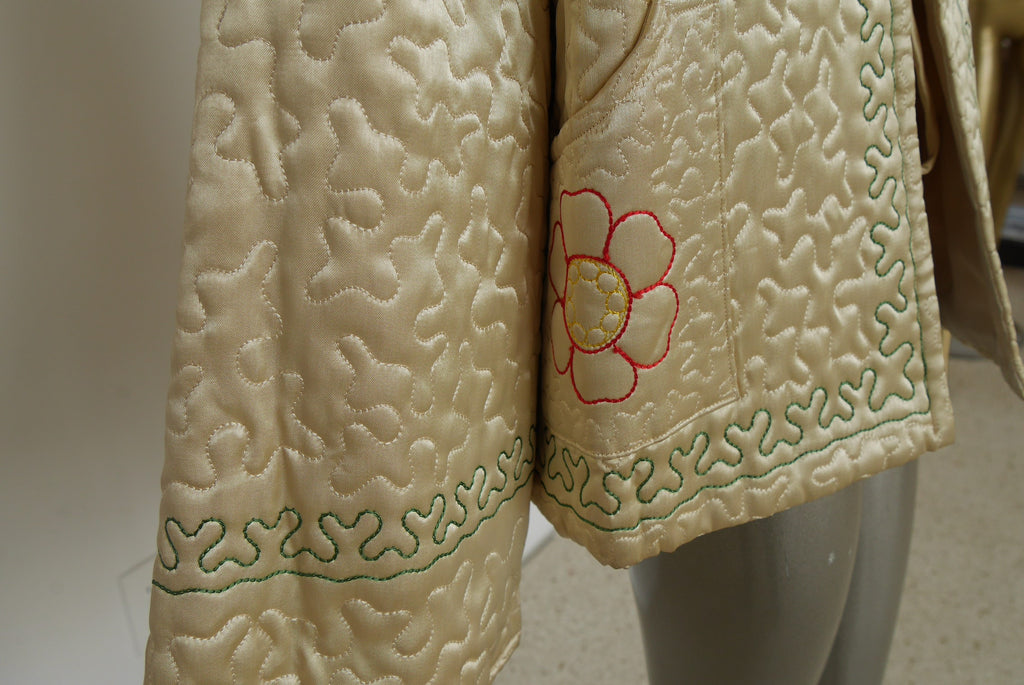 1940s silk satin bed jacket with amazing embroidery and huge bell sleeves