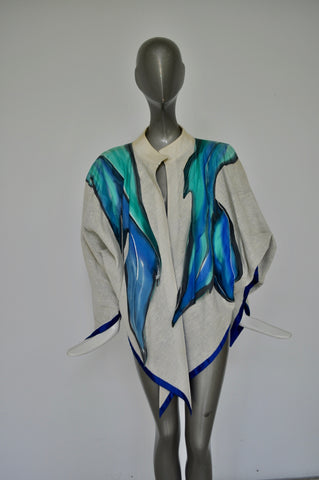 20s chiffon opera cape with panne velvet imprint geometrical deco embroidery.