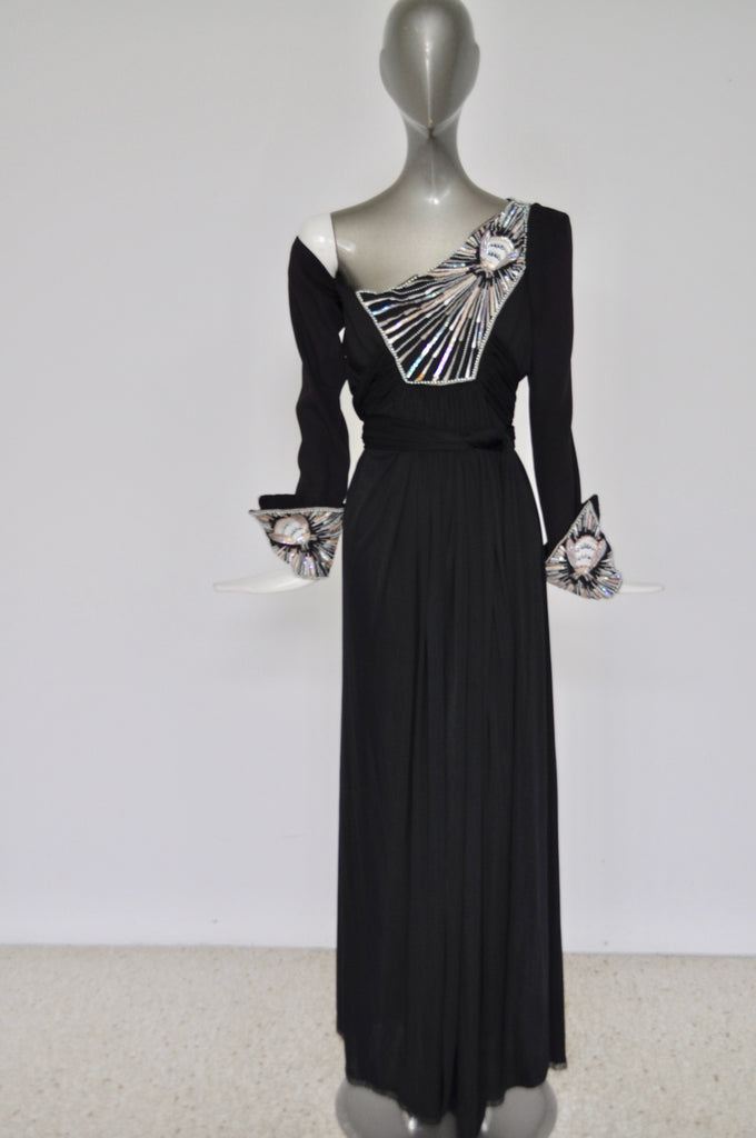 Bill Gibb empire maxi dress with beadwork 1970s rare