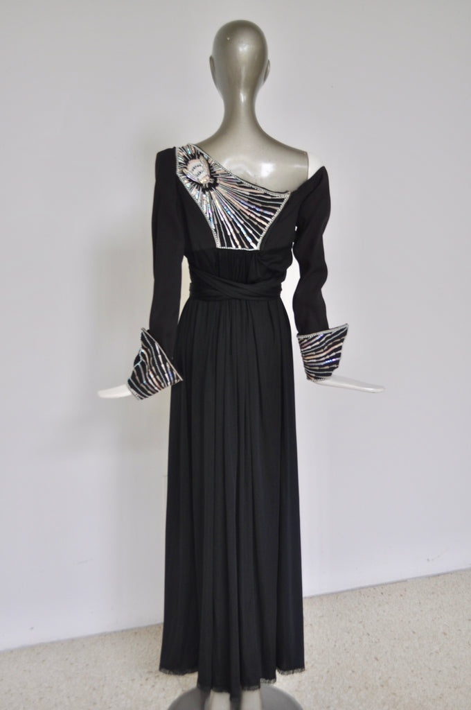 Bill Gibb empire maxi dress with beadwork 1970s rare
